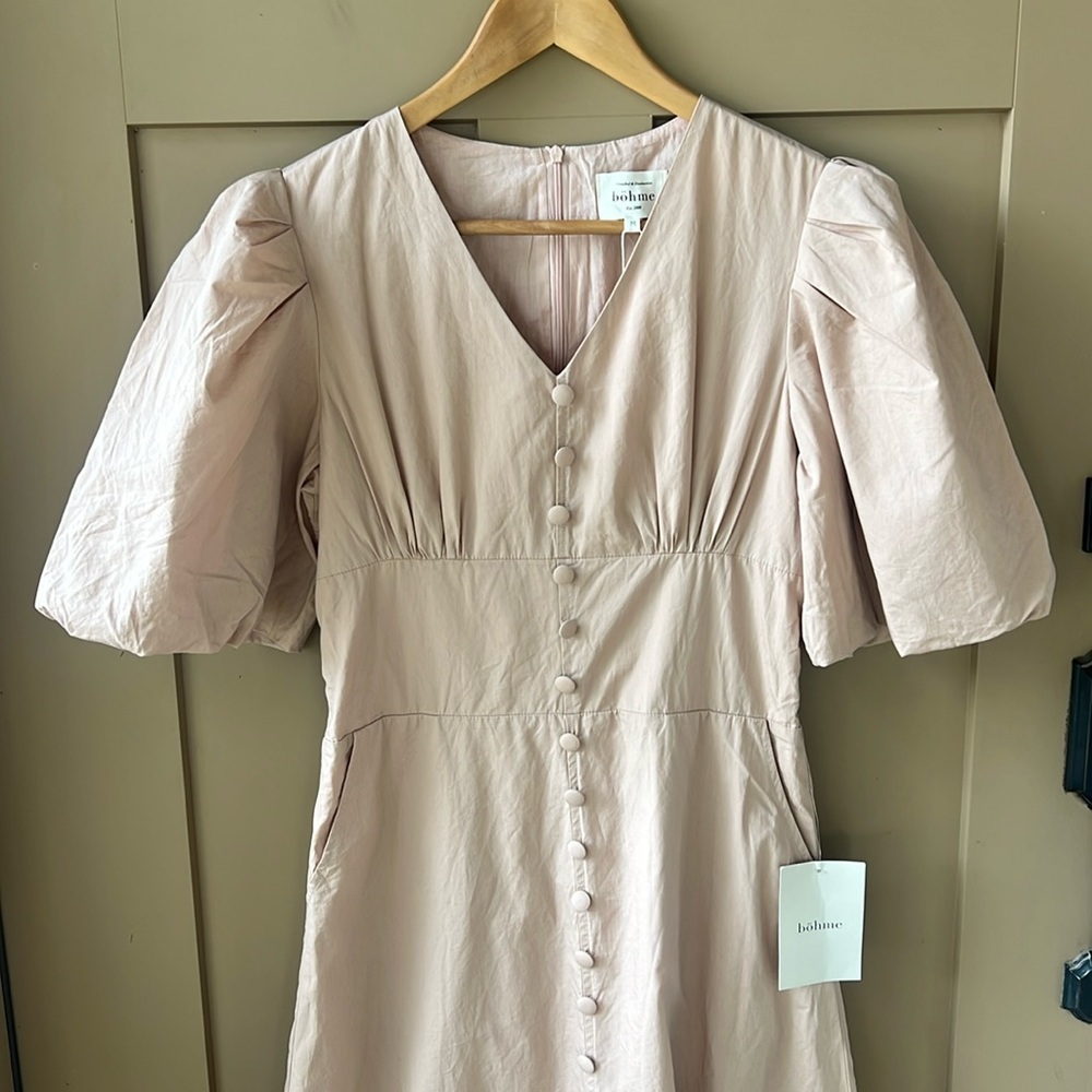 Bohme New w Tag Sz M 100% Cotton Fit & Flare Puff Sleeve Retro Dress Nude - Picture 2 of 11